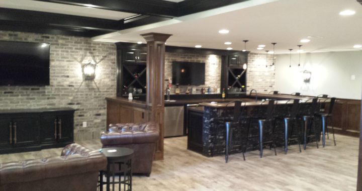 Main TV and custom wet bar area in finished basement