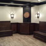 Another view of custom benches, the wine barrel, and hidden basement sump in basement finishing columbus ohio Another view of custom benches, the wine barrel, and hidden basement sump in basement finishing columbus ohio
